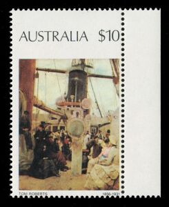 1977 (SG.567a) $10 "Coming South" marginal single with dramatically misplaced perforations resulting in 'AUSTRALIA $10' being at the top of the stamp, superb MUH. BW:784ba. With normal FU stamp for comparison. (2) A striking error!
