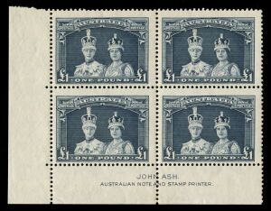 1938 (SG.176-78) 5/-, 10/- & £1 Coronation Robes (Thick paper) complete set in Imprint blks.4, MUH. (12).