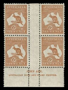 Kangaroos - CofA Watermark: 6d Chestnut, Ash Imprint blk.(4) from Plate 3 with variety "White line from value circle to map"; superbly centred MUH. Cat.$550.