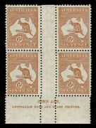 Kangaroos - CofA Watermark: 6d Chestnut, Ash Imprint blk.(4) from Plate 3 with variety "White line from value circle to map"; superbly centred MUH. Cat.$550.
