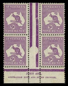 Kangaroos - CofA Watermark: 9d Violet, Ash Imprint blk.(4) from Plate 3 (Second State), fresh MUH. BW: 29(3)zb - Cat.$600++.