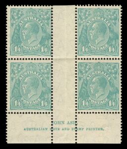 KGV Heads - CofA Watermark: ½d Orange - 1/4 Turquoise, complete set of 8 in Ash Imprint blks.4, MUH/M. (32). BW: Cat.$2,800+.
