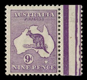 Kangaroos - First Watermark: 9d Violet, a single stamp still attached to the central gutter strip, fresh MUH.