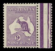 Kangaroos - First Watermark: 9d Violet, a single stamp still attached to the central gutter strip, fresh MUH.