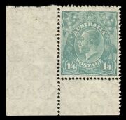 KGV Heads - Small Multiple Watermark Perf 14: 1/4 Greenish-blue, lower left corner single, being 1L55, with variety "Retouched S.W. corner" BW:129h, well centred and fresh MUH, with a tiny paper inclusion mentioned for accuracy. Not priced MUH&nbsp;in BW.