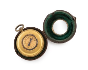 An antique pocket barometer in original leather travel case with compass on the reverse with window display, dial marked "J. BROWN 76 St. VINCENT St., GLASGOW", 19th century, 7cm high including bow.