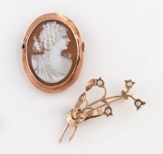 An antique 9ct rose gold cameo portrait brooch, together with an antique 9ct gold and seed pearl lily of the valley brooch, 19th/20th century, (2 items), ​​​​​​​the cameo 3.5cm high, 7.1 grams total including shell cameo.