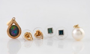 A 9ct gold and opal pendant, a pair of 9ct gold heart earrings, a pair of 9ct white gold earrings, and an 18ct gold mounted South Seas pearl pendant, (4 items)