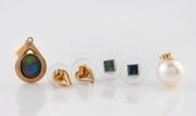 A 9ct gold and opal pendant, a pair of 9ct gold heart earrings, a pair of 9ct white gold earrings, and an 18ct gold mounted South Seas pearl pendant, (4 items)
