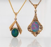 Two 9ct gold and opal pendants on 9ct gold chains, 20th century, the larger pendant 3.5cm high, 7.2 grams total.