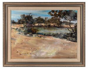 NEIL DOUGLAS (1911-2003), Scolding Wind, Sunset Desert, oil on board, signed lower right "Neil Douglas", titled and signed in Neil Douglas's hand verso with $15,000 price tag, 60 x 80cm, 79 x 101cm overall. Accompanied by correspondence from Douglas to t