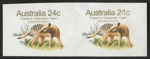 1981 24c Thylacine (Tasmanian Tiger), completely imperforate horizontal pair, (2), MUH. SG.788a; BW:902b.