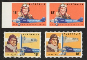 1978 (SG.660a & 661 var.) 18c Charles Kingsford Smith Imperforate horizontal pair, together with a single example of BW:793B the Charles Ulm stamp with orange-yellow background (instead of the normal pale yellow). MUH. BW: $250.