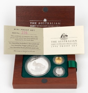 THE 1996 AUSTRALIAN FAMILY OF PRECIOUS METALS SET OF MINI PROOF COINS: comprising of a $1 (1oz) Australian Kookaburra silver Proof, a $5 (1/20oz) pure gold Australian Nugget Proof, and a $5 (1/20oz) platinum Koala Proof, all beautifully presented in a felt-lined timber case and accompanied by the Certificate of Authenticity identifying this as set No.236 of only 650 produced.