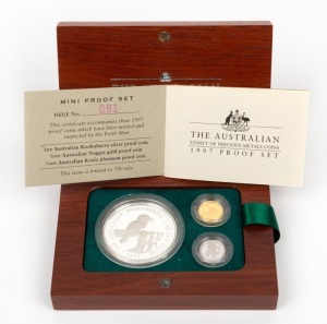 THE 1997 AUSTRALIAN FAMILY OF PRECIOUS METALS SET OF MINI PROOF COINS: comprising of a $1 (1oz) Australian Kookaburra silver Proof, a $5 (1/20oz) pure gold Australian Nugget Proof, and a $5 (1/20oz) platinum Koala Proof, all beautifully presented in a felt-lined timber case and accompanied by the Certificate of Authenticity identifying this as set No.091 of only 700 produced.