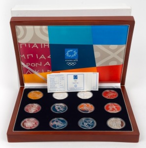 Greece: Athens 2004 Olympics: Complete collection of 12 x10 Euro silver coins in the official wooden box with their individual certificates of authenticity.