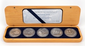 Cook Islands: 1999 "The Ships that made Australia" series of five 2oz silver coins struck by The Perth Mint for the Cook Islands from 99.9% pure silver with antiqued finish, presented beautifully in a timber case. Mintage 5000, of which this is set 0035.