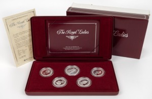 1992 The Royal Ladies collection of four $25 silver coins together with a 50 gram silver medallion depicting Queen Elizabeth II on the throne, in superb presentation case with Certificate of Authenticity