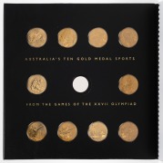 2000 Australian Olympic Team Official Celebration Collection large format book, with a $100 GOLD proof "Achievement" and 10 x $5 bronze "Gold Medal Sports" coins. Issued by the Perth Mint . This is set No. 0136 of 2000. With statements by the leading Olym - 2