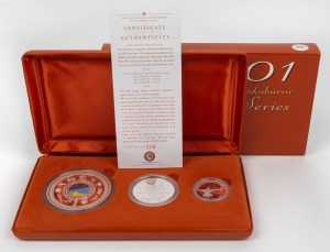 The Australian Kookaburra 2001 Proof Issue - TEN OUNCE COLLECTION in presentation case containing one of each of the ten ounce, two ounce and one ounce proof coins produced by The Perth Mint. With Certificate of Authenticity for set No. 104 of 400.