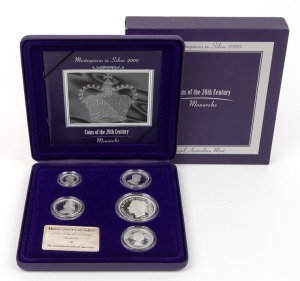Masterpieces in Silver - Coins of the 20th Century - 2000 Monarchs silver proof set of 5 coins + silver plaque; set No.1890 of 15,000 in original presentation case and box with certificate.