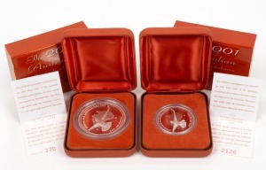 The Australian Kookaburra 2001 Proof Issue - TWO OUNCE and ONE OUNCE coins, each in their individual presentation case produced by The Perth Mint. With individual Certificates of Authenticity. (2 items).