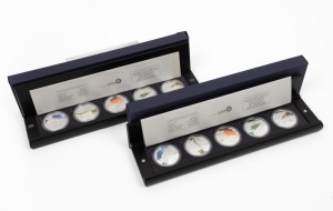 Cook Islands: 2004 Great Rail Journeys of the World five coin $1 silver Proof sets (2) in presentation cases; with Certificates of Authenticity Nos. 1249 and 1250 of the 1500 produced. (10 coins in total).