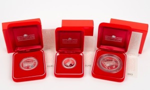1999 YEAR OF THE RABBIT: AUSTRALIAN LUNAR SILVER COIN PROOF SERIES of three coins, comprising of the $2 (2oz), the $1 (1oz) and the 50c (½oz), all depicting a rabbit; each in their original felt-lined red case of issue and accompanied by a Certificate of Authenticity. (3 coins)