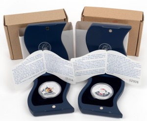 2002 Queen's Golden Jubilee of Accession, $1 silver Queen on horseback Proofs (2) issued by The Perth Mint in blue flag-like cases; each with a Certificate of Authenticity. (2).