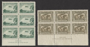 1929 (SG.115) 3d green Airmail, Ash Imprint blk.6 MUH; plus 1931 (SG.139) 6d sepia Airmail, Ash Imprint blk.6, MUH/MLH and very well centred. (12). BW: Cat.$585.