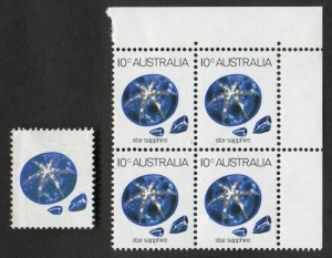 1974 (SG.552aab) 10c Star Sapphire, upper left corner blk.4 of normal stamps together with a single example of the striking "Black omitted" variety. (5). Cat.£275+.
