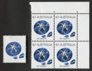 1974 (SG.552aab) 10c Star Sapphire, upper left corner blk.4 of normal stamps together with a single example of the striking "Black omitted" variety. (5). Cat.&pound;275+.