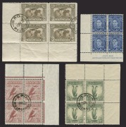 A group of CTO corner blks.4 with full gum: 1931 sepia Airmail 1932 6d Kookaburra, and 1932 1/- Lyrebird, all CTO MELBOURNE 19 DE 32; also, 3d blue KGVI (Die 3) Ash Imp.blk.4 CTO. (16).