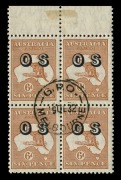 OFFICIAL OVERPRINTS: 6d Kangaroo (Small Multi), KGV 4d Olive (Small Multi) and &frac12;d Orange, 1d Green, 2d Red, 3d Blue & 5d Chestnut, all in CTO blks.4&nbsp;cancelled at G.P.O. MELBOURNE or PERTH G.P.O.;&nbsp;scarce multiples from sheets prepared for inclusion in Spec