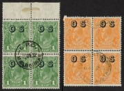 OFFICIAL OVERPRINTS: 6d Kangaroo (Small Multi), KGV 4d Olive (Small Multi) and &frac12;d Orange, 1d Green, 2d Red, 3d Blue & 5d Chestnut, all in CTO blks.4&nbsp;cancelled at G.P.O. MELBOURNE or PERTH G.P.O.;&nbsp;scarce multiples from sheets prepared for inclusion in Spec - 3