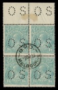 KGV Heads - Collections & Accumulations: OFFICIAL OS PERFORATIONS: A group of CTO marginal blks.4, all cancelled at G.P.O. MELBOURNE for inclusions in Specimen sets; comprising of 1/4 Greenish-blue (Single wmk), and 1&frac12;d Red-brown, 3d Blue and 5d Pale Ches