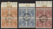 KGV Heads - Collections & Accumulations: OFFICIAL OS PERFORATIONS: A group of CTO marginal blks.4, all cancelled at G.P.O. MELBOURNE for inclusions in Specimen sets; comprising of 1/4 Greenish-blue (Single wmk), and 1&frac12;d Red-brown, 3d Blue and 5d Pale Ches - 2