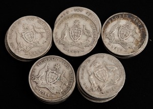 FLORINS: 1910 - 1928 complete (excl. 1915 and 1920); mixed condition, together with several more coins from the same period in poor condition. (Total: 27).