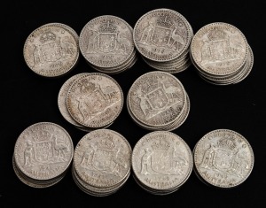 FLORINS: 1938 (10), 1939 (10), 1940 (10), 1941 (10), and 1945 (10), mixed condition, mainly F-VF. (50).