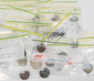 A small box containing a duplicated range of half-pennies and pennies, 2 x 1927 Canberra florins, 2 x 1942 florins, 2 x 1951 Jubilee florins, a 1937 Crown and a 1966 50c. (Total weight 500gms+.)