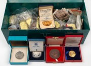 An accumulation of mainly pre--decimal Australian, G.B. and N.Z. coins, together with a range of crowns (or crown-like coins), a few medals, banknotes&nbsp; and odds. All contained in a cash box.
