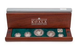 Five-piece platinum Koala proof Set for 1997, the $5, $15, $25, $50, and $100 Dollars, all Gem Proofs in the original wooden case; numbered 017 of 200.