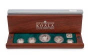 Five-piece platinum Koala proof Set for 1997,&nbsp;the $5, $15, $25, $50, and $100 Dollars, all Gem Proofs in the original wooden case; numbered 017 of 200.