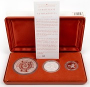 The Australian Kookaburra 2003 Proof Issue - TEN OUNCE COLLECTION in presentation case containing one of each of the ten ounce, two ounce and one ounce proof coins produced by The Perth Mint. With Certificate of Authenticity for set No. 060 of 400.