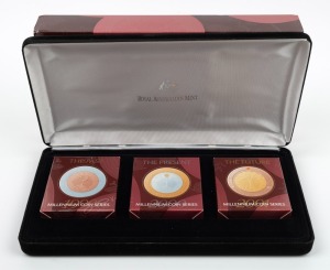 TEN DOLLAR COMMEMORATIVE PROOFS: The Millennium Coin Series - 1999, 2000, 2001 bi-metallic $10 Proofs representing the Past, the Present and the Future, in attractive RAM display case with original box. (3 Proofs).