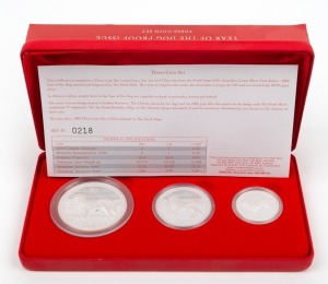 2006 YEAR OF THE DOG: AUSTRALIAN LUNAR SILVER COIN PROOF SERIES of three coins, comprising of the $2 (2oz), the 50c (½oz), all depicting a Golden Retriever; in the original felt-lined red case of issue and accompanied by a Certificate of Authenticity indicating that this is set No.0218 of only 1,000.