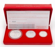 2006 YEAR OF THE DOG: AUSTRALIAN LUNAR SILVER COIN PROOF SERIES of three coins, comprising of the $2 (2oz), the 50c (&frac12;oz), all depicting a Golden Retriever; in the original felt-lined red case of issue and accompanied by a Certificate of Authenticity indi