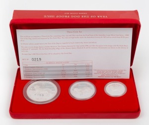 2006 YEAR OF THE DOG: AUSTRALIAN LUNAR SILVER COIN PROOF SERIES of three coins, comprising of the $2 (2oz), the $1 (1oz) and the 50c (½oz), all depicting a Golden Retriever; in the original felt-lined red case of issue and accompanied by a Certificate of Authenticity indicating that this is set No.0219 of only 1,000.