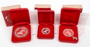 2006 YEAR OF THE DOG: AUSTRALIAN LUNAR SILVER COIN PROOF SERIES of three coins, comprising of the $2 (2oz), the $1 (1oz) and the 50c (&frac12;oz), all depicting a Golden Retriever; each in their original felt-lined red case of issue and accompanied by a Certific