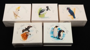TEN DOLLAR SILVER PIEDFORT PROOF COINS - THE BIRDS OF AUSTRALIA: 1990 $10 Cockatoo, 1991 $10 Jabiru, 1992 $10 Emperor Penguin, 1993 Palm Cockatoo, and 1994 $10 Wedge-Tailed Eagle; all in original packaging with individual Certificates of Authenticity. (5 Piedfort Proofs).